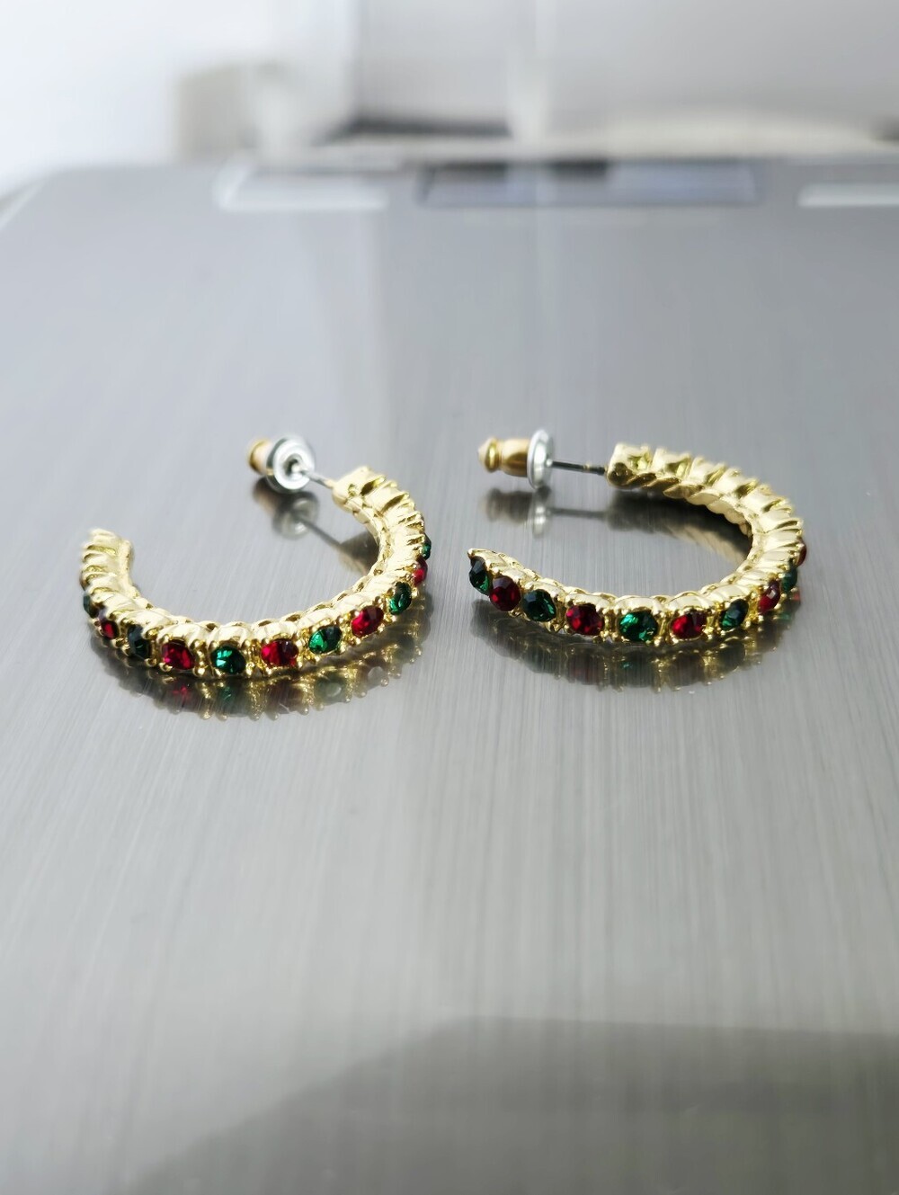 Vintage Gold Tone Hoop Earrings with Red and Green Stones - Picture 7 of 16